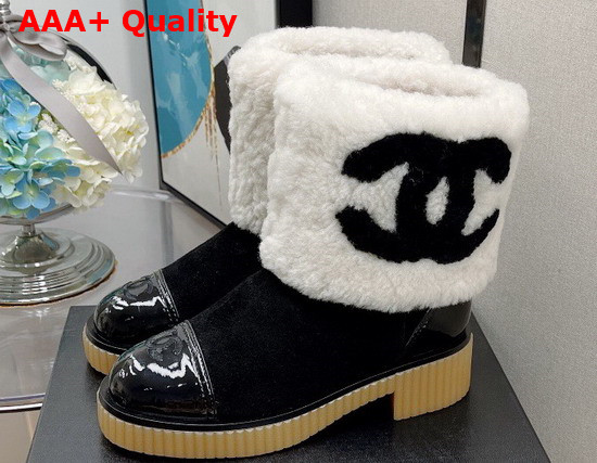 Chanel Ankle Boots in Black Suede and White Shearling Replica