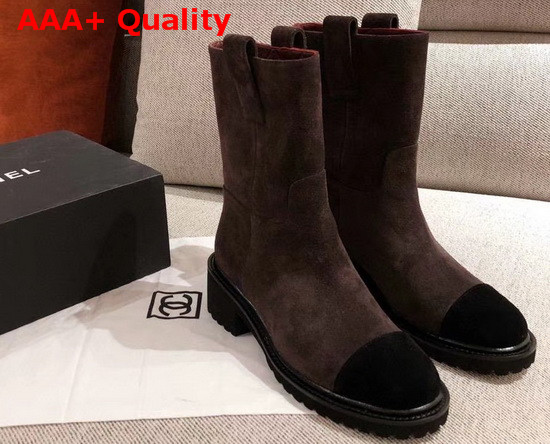 Chanel Ankle Boots in Brown Suede Calfskin with Gold Metal Logo G36749 Replica