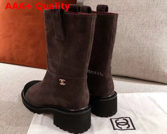 Chanel Ankle Boots in Brown Suede Calfskin with Gold Metal Logo G36749 Replica