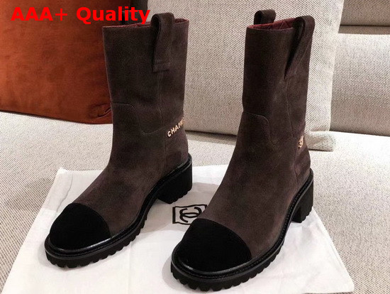 Chanel Ankle Boots in Brown Suede Calfskin with Gold Metal Logo G36749 Replica