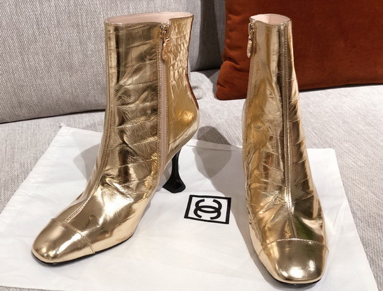 Chanel Ankle Boots in Gold Crocodile Embossed Calfskin Replica