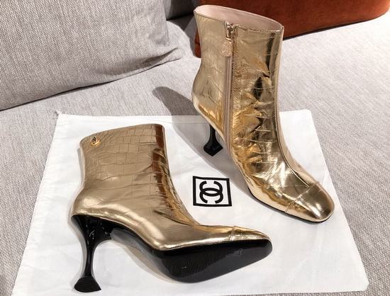 Chanel Ankle Boots in Gold Crocodile Embossed Calfskin Replica