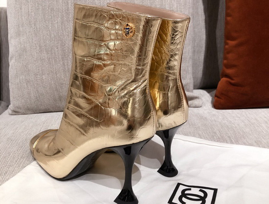 Chanel Ankle Boots in Gold Crocodile Embossed Calfskin Replica