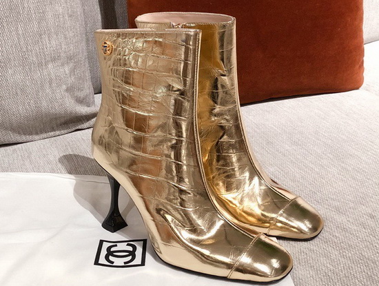 Chanel Ankle Boots in Gold Crocodile Embossed Calfskin Replica