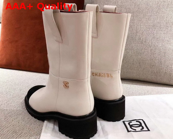 Chanel Ankle Boots in Ivory Calfskin with Gold Metal Logo G36749 Replica