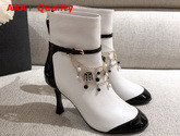 Chanel Ankle Boots in White Calf Leather and Patent Leather with Chain Details Replica