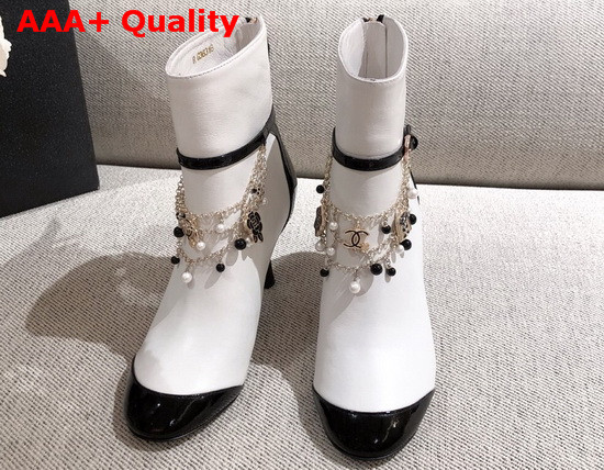 Chanel Ankle Boots in White Calf Leather and Patent Leather with Chain Details Replica