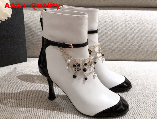 Chanel Ankle Boots in White Calf Leather and Patent Leather with Chain Details Replica