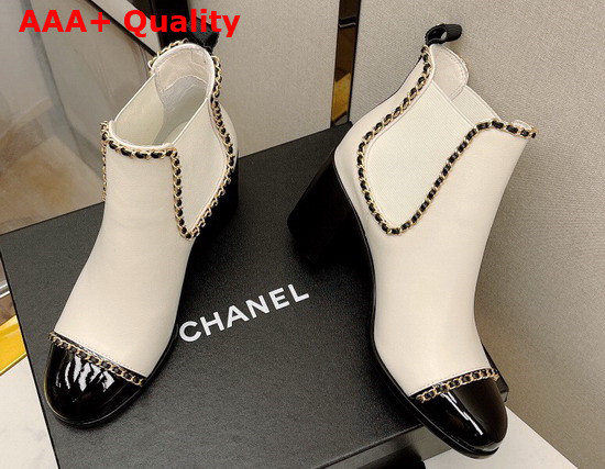 Chanel Ankle Boots in White Lambskin with Chain Trims Replica