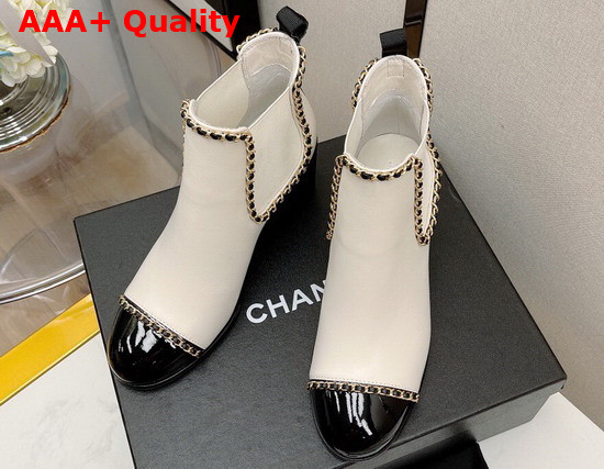 Chanel Ankle Boots in White Lambskin with Chain Trims Replica