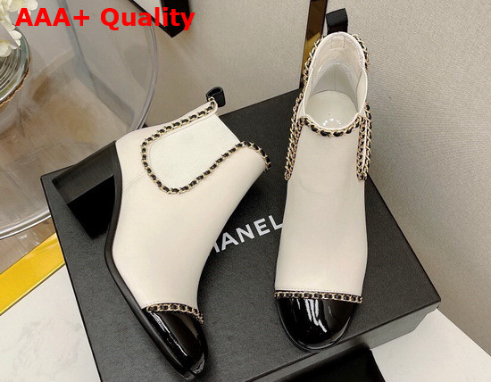 Chanel Ankle Boots in White Lambskin with Chain Trims Replica