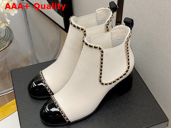 Chanel Ankle Boots in White Lambskin with Chain Trims Replica