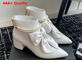 Chanel Ankle Boots in White Lambskin with Imitation Pearls and Leather Bow On The Front Replica