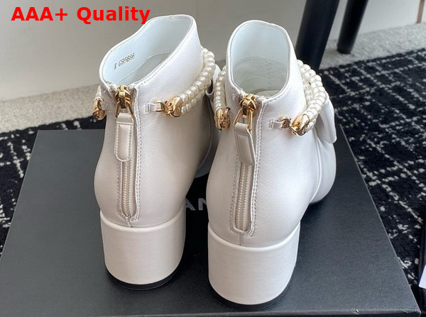 Chanel Ankle Boots in White Lambskin with Imitation Pearls and Leather Bow On The Front Replica