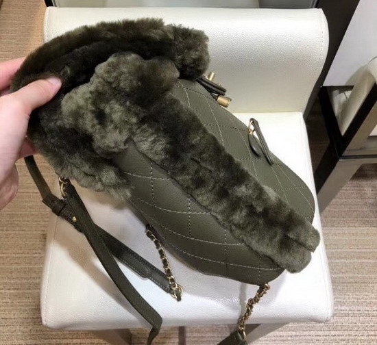 Chanel Backpack Lambskin and Shearling Lambskin Gold Tone Metal Dark Green