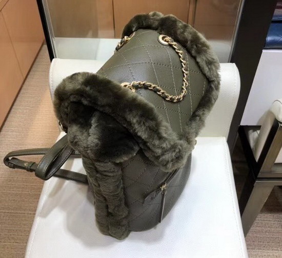 Chanel Backpack Lambskin and Shearling Lambskin Gold Tone Metal Dark Green