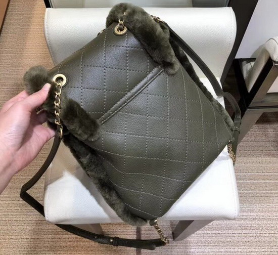 Chanel Backpack Lambskin and Shearling Lambskin Gold Tone Metal Dark Green