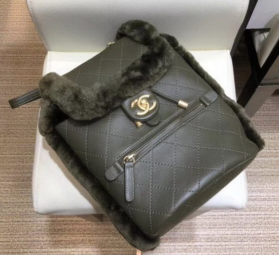 Chanel Backpack Lambskin and Shearling Lambskin Gold Tone Metal Dark Green