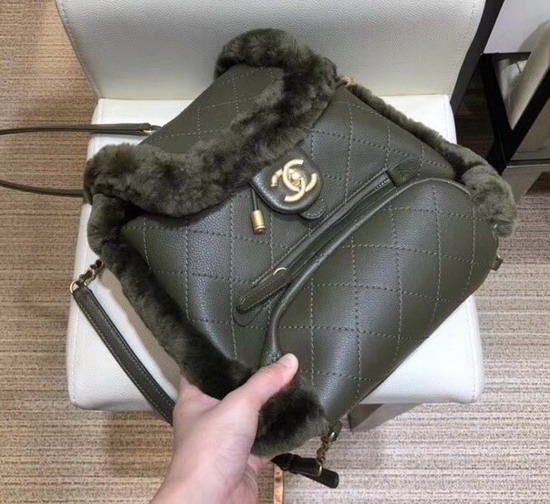 Chanel Backpack Lambskin and Shearling Lambskin Gold Tone Metal Dark Green