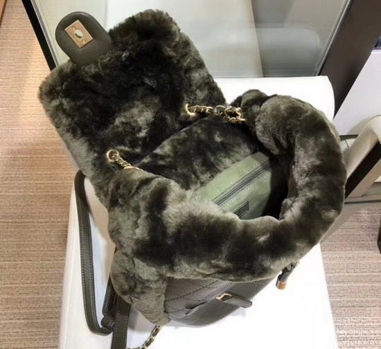 Chanel Backpack Lambskin and Shearling Lambskin Gold Tone Metal Dark Green