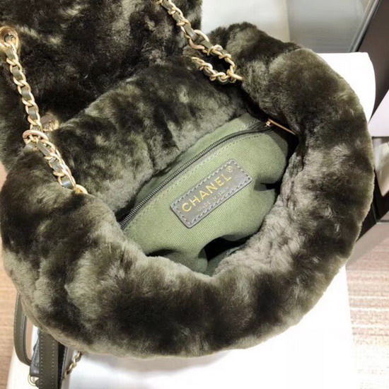 Chanel Backpack Lambskin and Shearling Lambskin Gold Tone Metal Dark Green