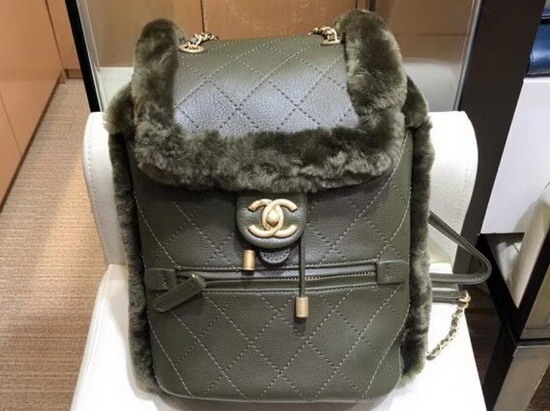 Chanel Backpack Lambskin and Shearling Lambskin Gold Tone Metal Dark Green