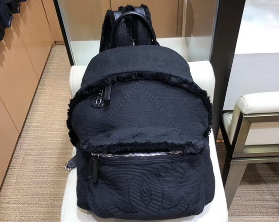 Chanel Backpack Mixed Fibers Goatskin Silver Tone Metal Black AS0313