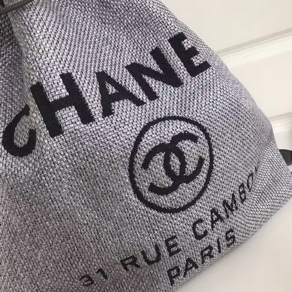 Chanel Backpack Raffia Calfskin Light Grey and Black Silver Tone Metal For Sale