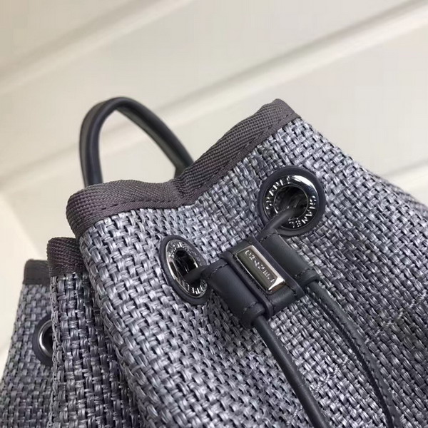 Chanel Backpack Raffia Calfskin Light Grey and Black Silver Tone Metal For Sale