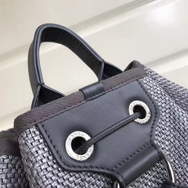 Chanel Backpack Raffia Calfskin Light Grey and Black Silver Tone Metal For Sale