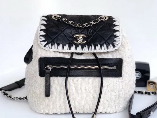 Chanel Backpack Wool Nylon Calfskin Silver Tone Metal Black and Ecru