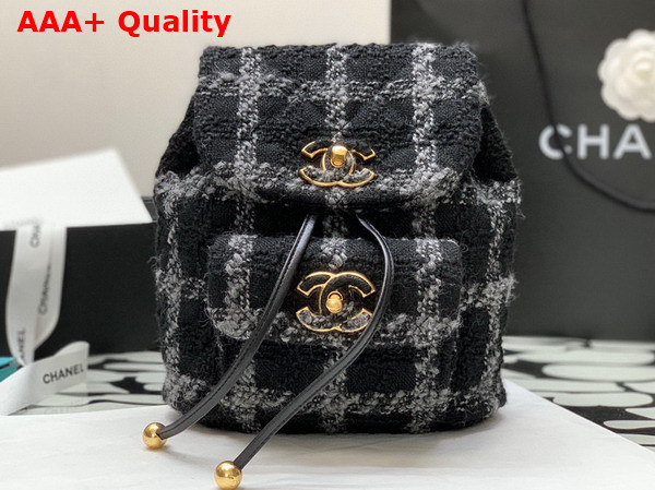 Chanel Backpack Wool Tweed Gold Tone Metal Black and Gray Ref AS3615 Replica