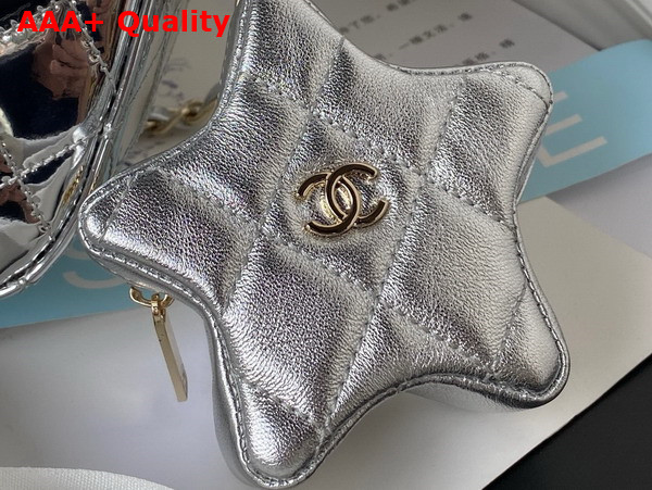 Chanel Backpack and Star Coin Purse Mirror Calfskin Metallic Calfskin and Gold Tone Metal Silver As4649 Replica