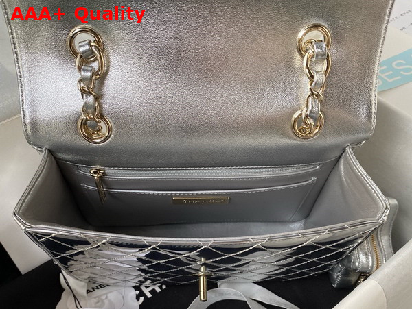 Chanel Backpack and Star Coin Purse Mirror Calfskin Metallic Calfskin and Gold Tone Metal Silver As4649 Replica