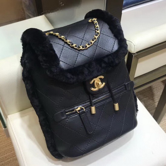 Chanel Backpack in Black Lambskin and Shearling Lambskin