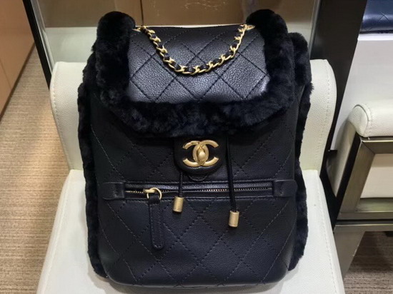 Chanel Backpack in Black Lambskin and Shearling Lambskin