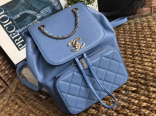 Chanel Backpack in Light Blue Grained Calfskin with Gold Tone Metal For Sale