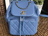 Chanel Backpack in Light Blue Grained Calfskin with Gold Tone Metal For Sale