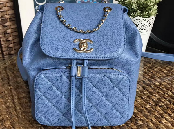 Chanel Backpack in Light Blue Grained Calfskin with Gold Tone Metal For Sale