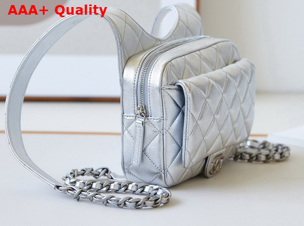 Chanel Backpack in Silver Metallic Lambskin Silver Tone Metal Ref AS4621 Replica