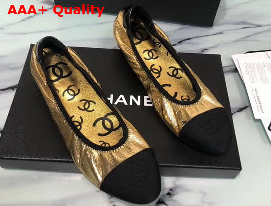 Chanel Ballerinas Laminated Goatskin and Grosgrain Gold and Black G36166 Replica