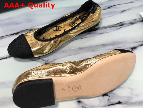 Chanel Ballerinas Laminated Goatskin and Grosgrain Gold and Black G36166 Replica