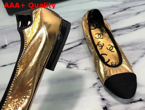 Chanel Ballerinas Laminated Goatskin and Grosgrain Gold and Black G36166 Replica