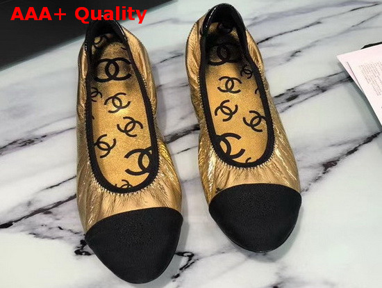 Chanel Ballerinas Laminated Goatskin and Grosgrain Gold and Black G36166 Replica