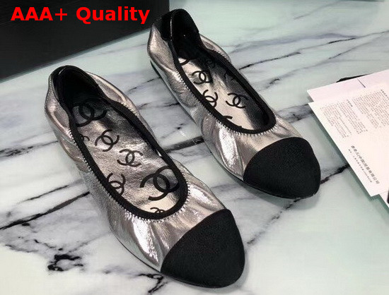 Chanel Ballerinas Laminated Goatskin and Grosgrain Silver and Black G36166 Replica