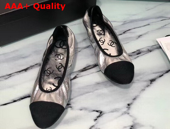 Chanel Ballerinas Laminated Goatskin and Grosgrain Silver and Black G36166 Replica