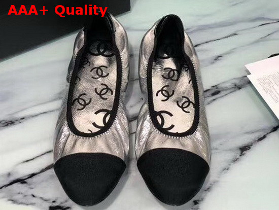 Chanel Ballerinas Laminated Goatskin and Grosgrain Silver and Black G36166 Replica