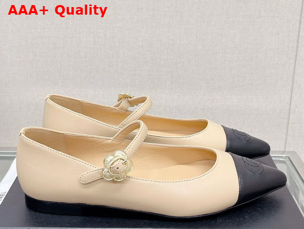 Chanel Ballet Flat in Beige Lambskin with Black Point Toe Replica