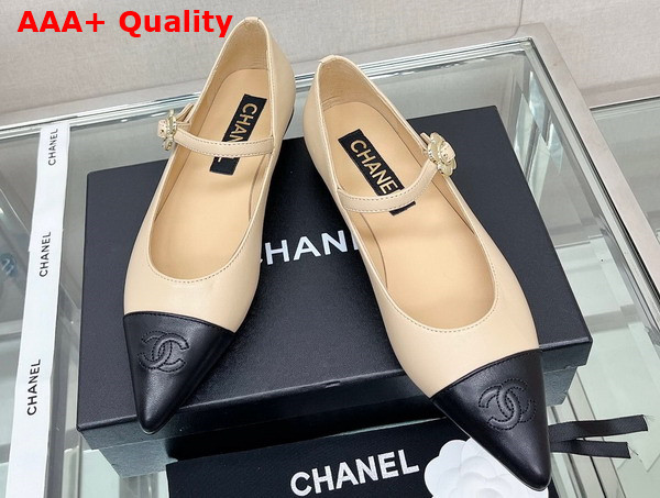 Chanel Ballet Flat in Beige Lambskin with Black Point Toe Replica