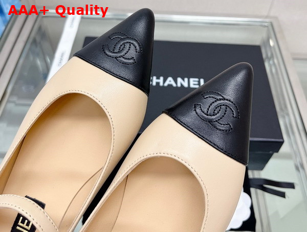 Chanel Ballet Flat in Beige Lambskin with Black Point Toe Replica